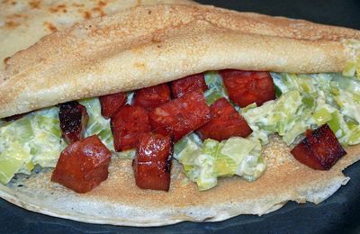 Crêpes - garniture aux poireaux, chorizo et fromage